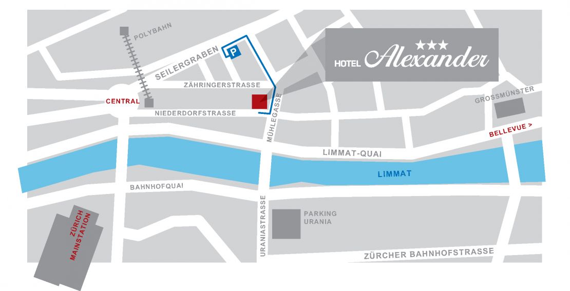 Eine Karte worauf genau zu sehen ist, wo sich die Parkgarage des Hotel Alexander befindet. Die Tiefgarage des Hotels wird mit einem Autolift bedienst. Sie ist nur wenige Meter vom Hotel Alexander entfernt.